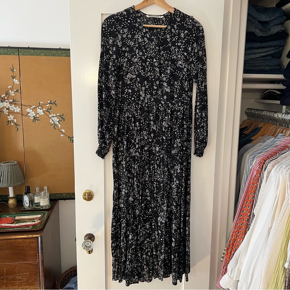 Zara Black & White Floral Tiered Long Sleeve Midi Dress, Sz S